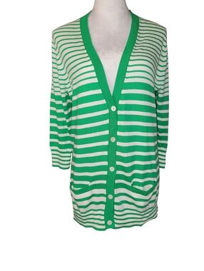 Gap Green & White Striped Deep V-Neck Cardigan Sweater With Pockets Size Med